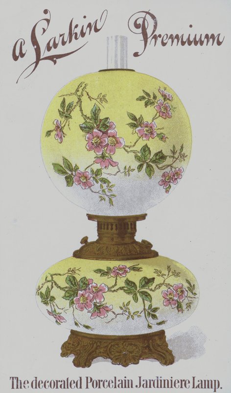Annonse for Larkin Premium dekorerte jardiniere-lamper i porselen (chromolitho) av American School