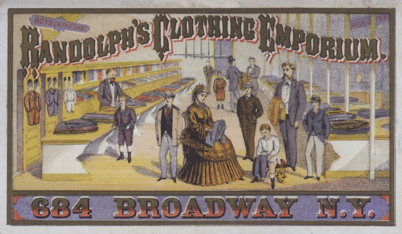 Annonse for Randolph's Clothing Emporium, 684 Broadway, New York, USA (farge litho) av American School