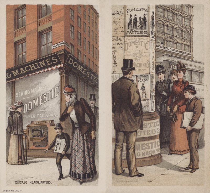 Annonse for Domestic Sewing Machine Company, Chicago, Illinois, USA (farge litho) av American School