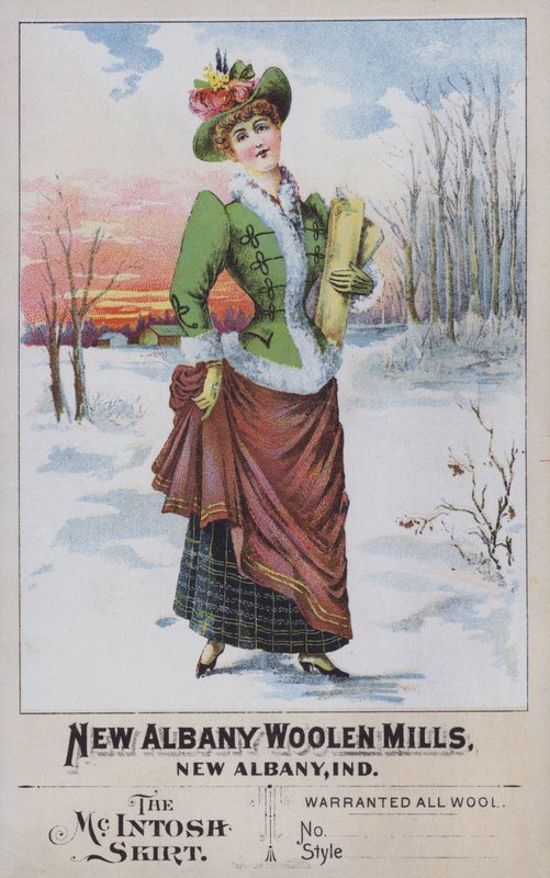 Annonse for McIntosh-skjørtet, fra New Albany Woolen Mills, Indiana, USA (chromolitho) av American School