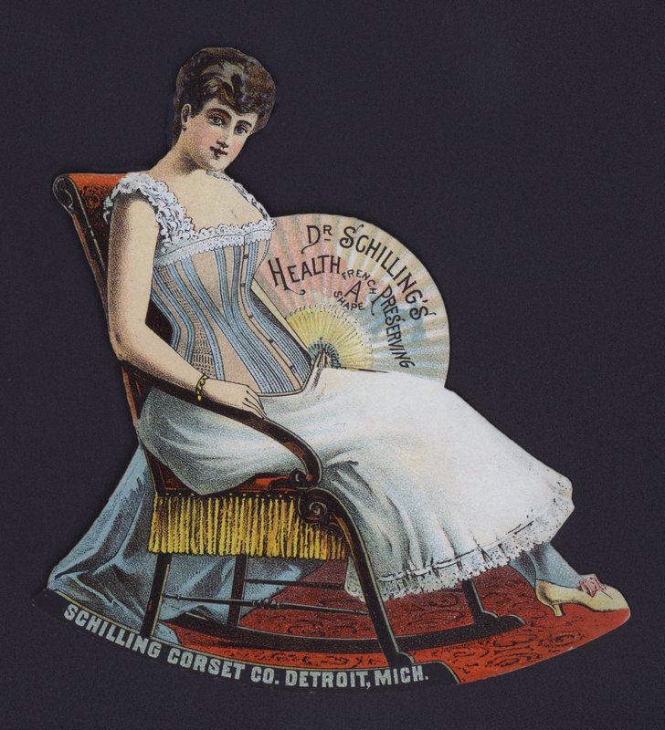 Annonse for Schilling Corset Company, Detroit, Michigan, USA (farge litho) av American School
