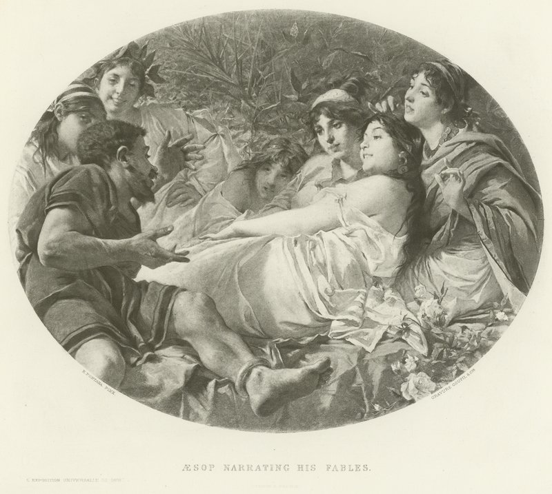 Aesop forteller sine fabler (gravyr) av American School