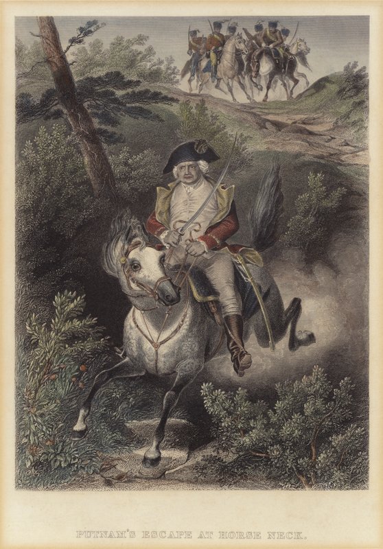Den amerikanske generalen Israel Putnams flukt fra britene ved Horse Neck, Connecticut, den amerikanske uavhengighetskrigen av American School