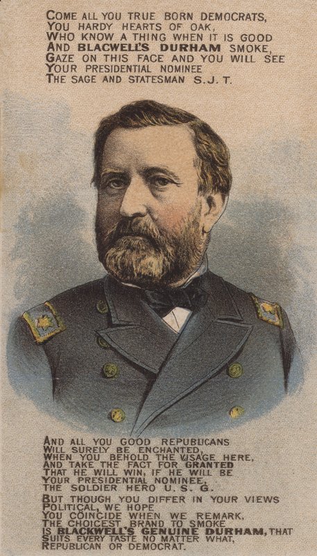 Den amerikanske soldaten og politikeren Ulysses S Grant, handelskort som reklamerte for Blackwell Durham Bull Tobacco, 1870-tallet av American School