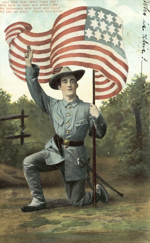 Amerikansk soldat som holder Stars and Stripes (fargebilde) av American School