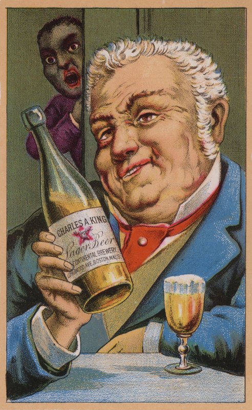 Amerikansk handelskort som annonserer Charles A King pilsnerøl, Boston, Massachusetts av American School