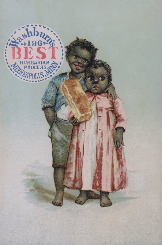 Amerikansk handelskort som reklamerer for Washburns beste ungarske prosessbrød, Minneapolis, Minnesota av American School