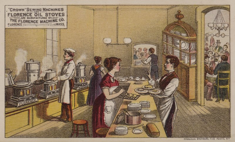 Amerikanske handelskortreklamesymaskiner og oljeovner produsert av Florence Machine Company, Massachusetts, ca 1880-tallet av American School