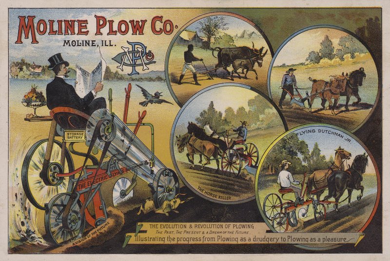 Amerikansk handelskort som reklamerer for Moline Plough Company, Illinois, ca 1880-tallet av American School
