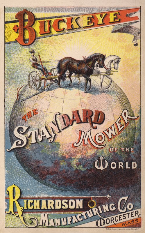 Amerikansk handelskort som reklamerer for Richardson Manufacturing Companys Buckeye hestetrukne klipper, c1880-tallet av American School