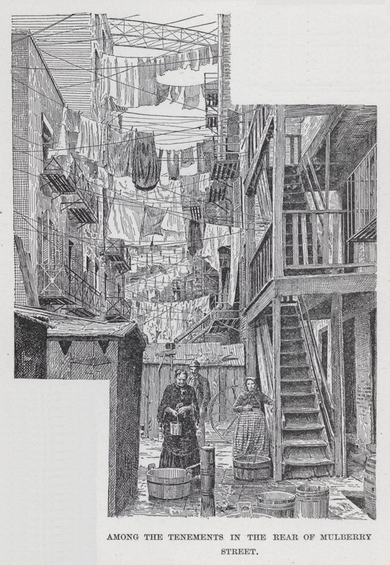 Blant leiegårdene på baksiden av Mulberry Street (litho) av American School