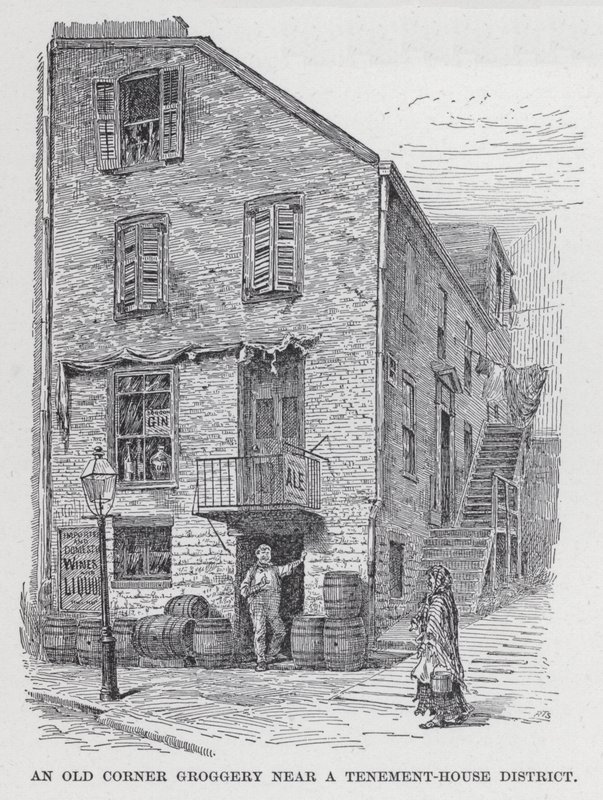 En gammel Corner Groggery nær en Tenement-House District (litho) av American School