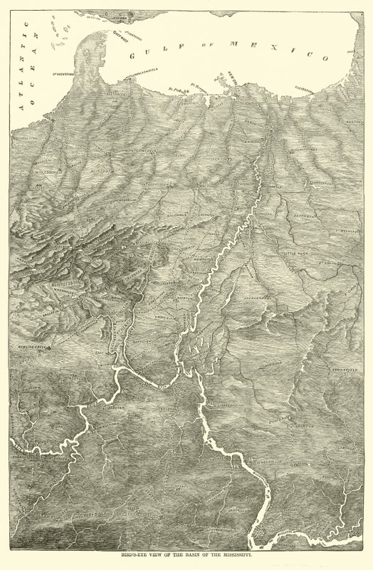 Fugleperspektiv av bassenget i Mississippi, 1862 av American School