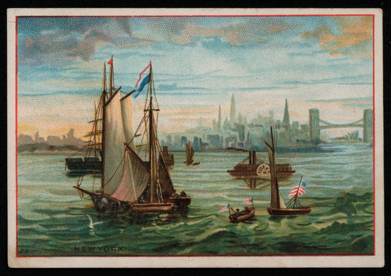 Båter i New York havn, gratulasjonskort. (chromolitho) av American School