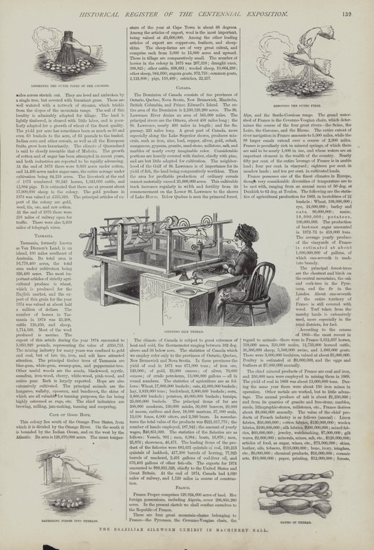 Brasiliansk silkeorm-utstilling i Machinery Hall, Centennial Exposition, Philadelphia, Pennsylvania, USA av American School