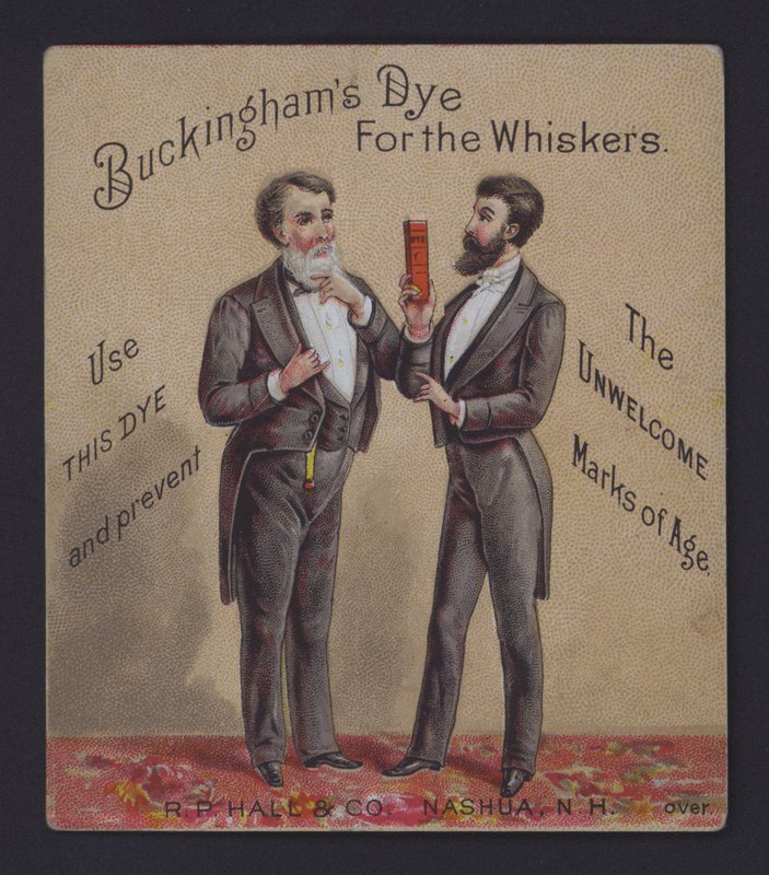 Buckinghams fargestoff for værhår for menn, reklame (chromolitho) av American School