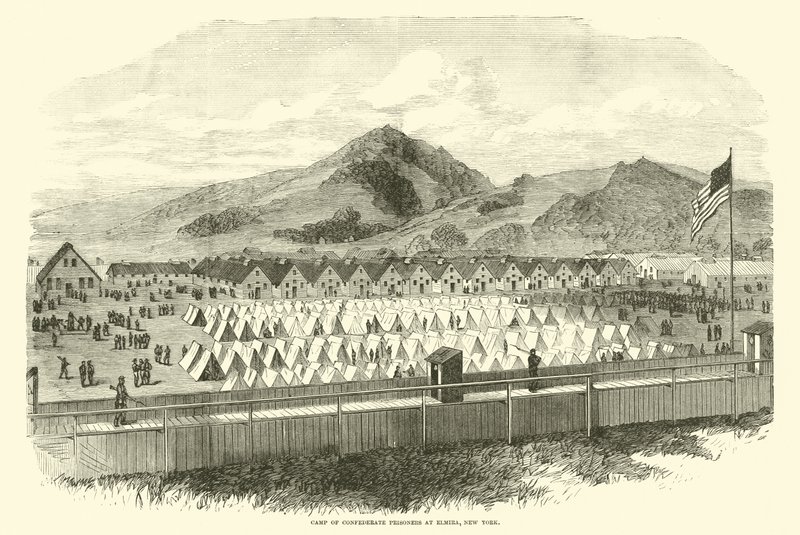 Leir av konfødererte fanger i Elmira, New York, mai 1865 av American School