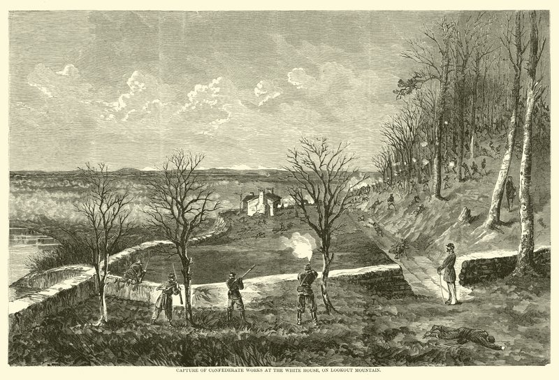Capture of Confederate fungerer i Det hvite hus, på Lookout Mountain, november 1863 av American School