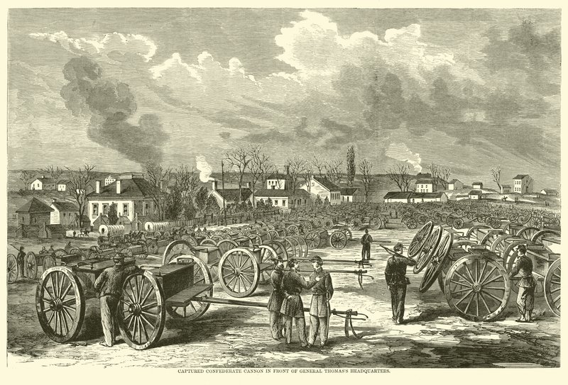 Erobret konføderert kanon foran general Thomass hovedkvarter, november 1863 av American School