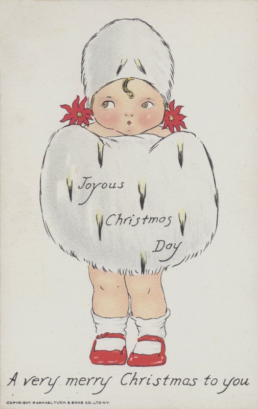 Julehilsenkort som viser et barn med julepelsmuff og -lue. (chromolitho) av American School