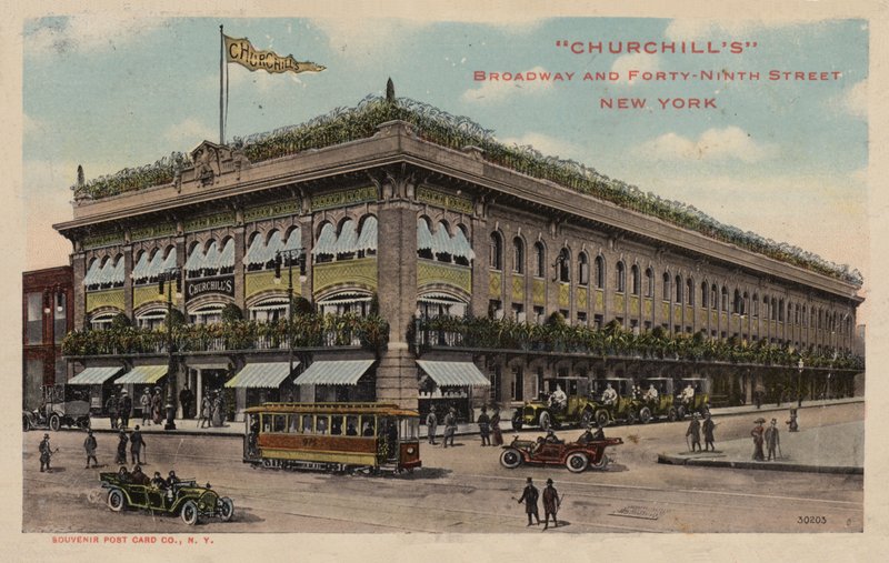 Churchill#39;s, Broadway og Fort-Ninth Street, New York (fargelitografi) av American School