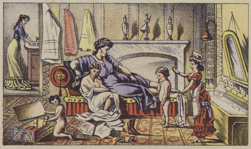 Klassiske figurer i moderne hjem, reklamesåpe (chromolitho) av American School