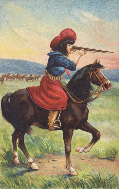 Cowgirl på hesteryggen som sikter med en rifle (chromolitho) av American School
