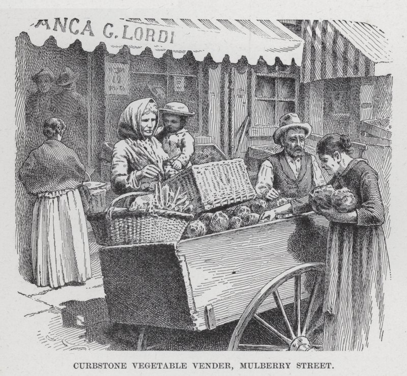 Kantsteinsgrønnsaksforhandler, Mulberry Street (litho) av American School