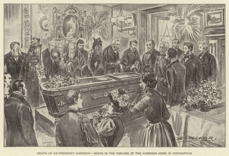 Døden til tidligere president Harrison, scene i Harrison-hjemmets salonger i Indianapolis (lito) av American School