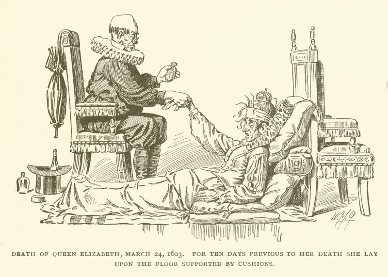 Dronning Elizabeths død, 24. mars 1603, i ti dager før hennes død lå hun på gulvet støttet av puter av American School