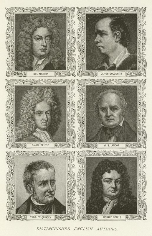 Utmerkede engelske forfattere, Joseph Addison, Oliver Goldsmith, Daniel de Foe, WS Landor, Thomas De Quincey, Richard Steele av American School