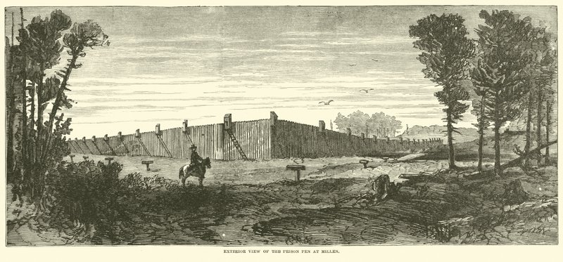 Utvendig utsikt over Prison Pen ved Millen, november 1864 av American School