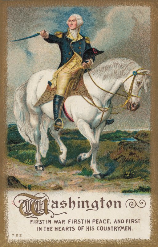 George Washington, på en hvit hest (farge litho) av American School