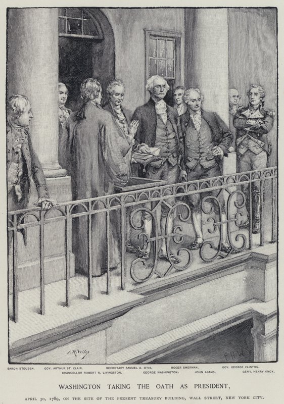 George Washington avla ed som president, 30. april 1789 (litho) av American School