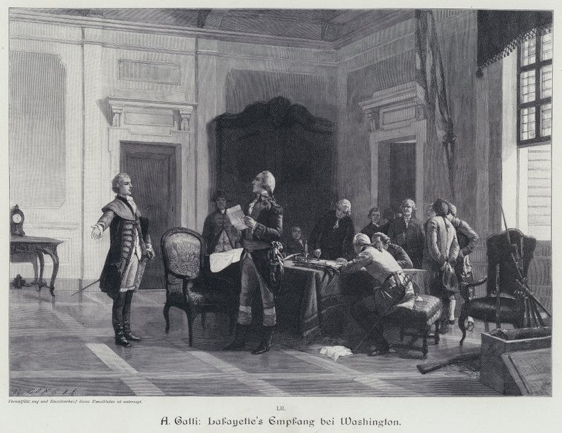 George Washington ønsker Marquis de Lafayette velkommen (gravering) av American School