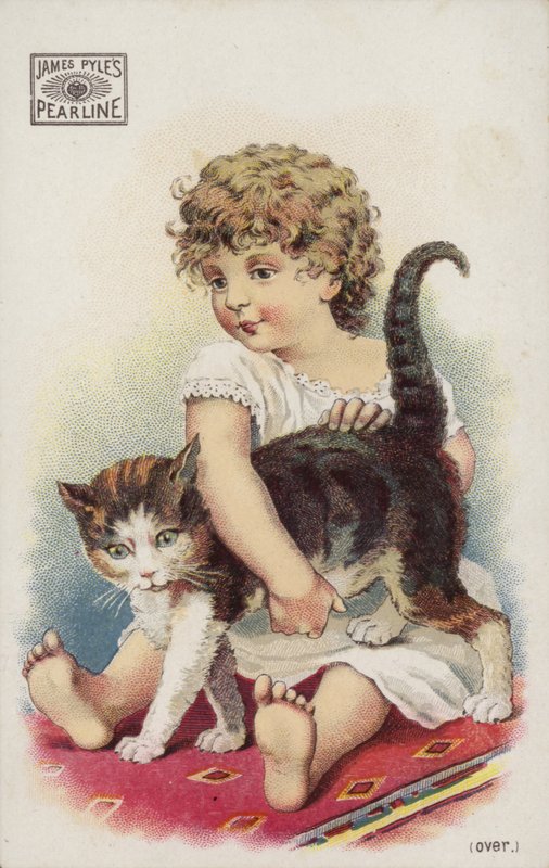Jente som leker med katten på teppet av American School