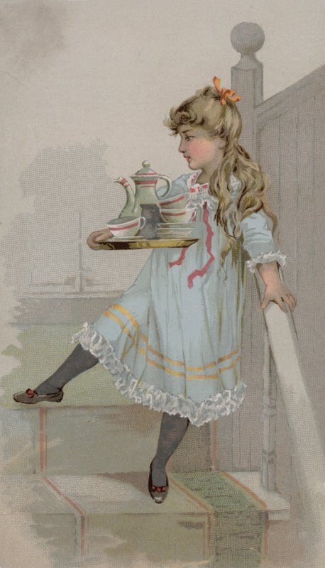 Jente som bærer en kanne kaffe på et brett av American School