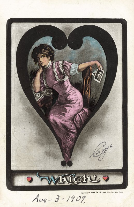 Jente som vurderer de relative attraksjonene til elskerne hennes (farge litho) av American School