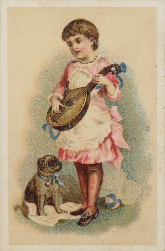 Jente som spiller mandolin med en hund av American School