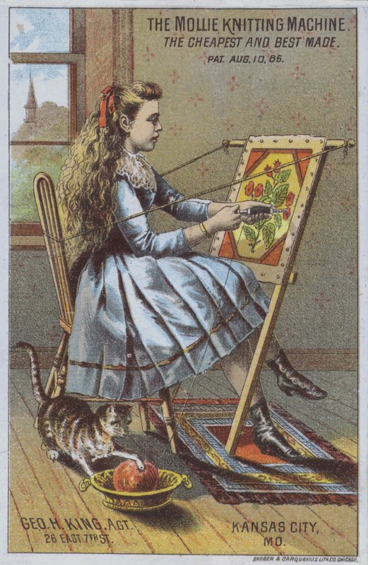 Jente som bruker en strikkemaskin (farge litho) av American School