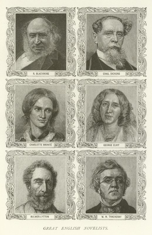 Store engelske romanforfattere, R Blackmore, Charles Dickens, Charlotte Bronte, George Eliot, Bulwer-Lytton, WM Thackeray av American School