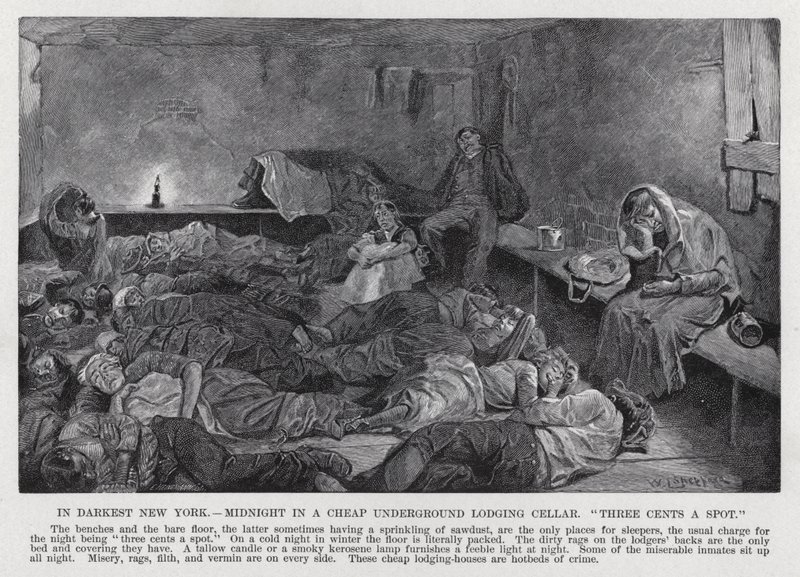 I mørkeste New York, Midnight in a Cheap Underground Lodging Cellar, "three cents a spot" (litho) av American School