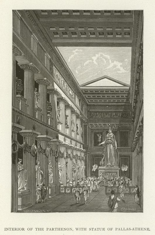 Interiør av Parthenon, med statue av Pallas-Athene av American School