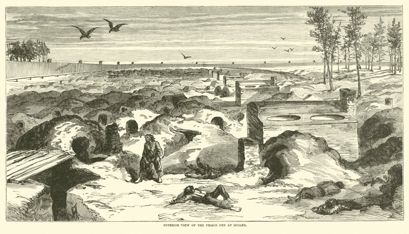 Innvendig visning av Prison Pen ved Millen, november 1864 av American School