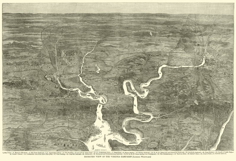 Isometrisk visning av Virginia-kampanjen, Looking Westward, juni 1864 av American School
