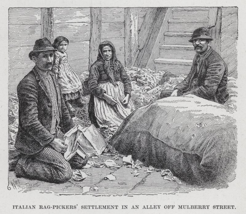Italienske Rag-Pickers' bosetning i en bakgate utenfor Mulberry Street (litho) av American School