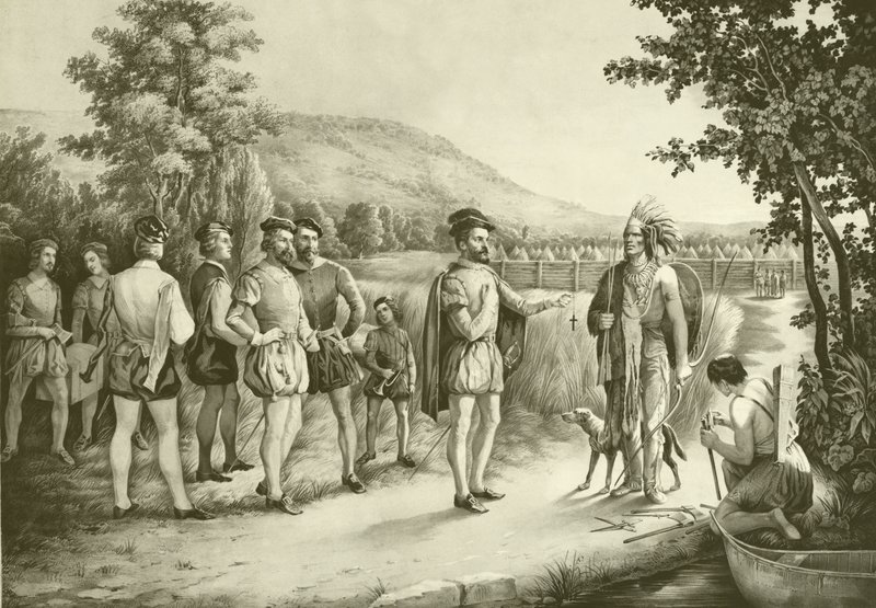 Jacques Cartier, hans første intervju med indianerne ved Hochelaga nå Montreal i 1535, ca. 1850 av American School