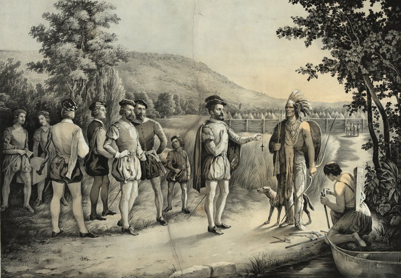 Jacques Cartier, hans første intervju med indianerne ved Hochelaga nå Montreal i 1535, ca. 1850 av American School