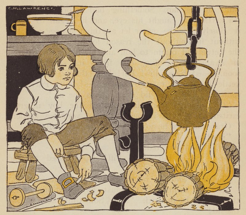 James Watt ser på at bestemorens tekjele koker (farge litho) av American School