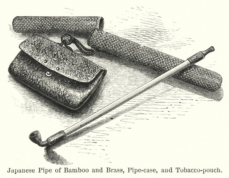 Japansk pipe av bambus og messing, pipe-etui og tobakkspose (gravering) av American School